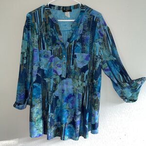 Plus 2X‎ Embroidered Paisley Blue Green Aqua Tunic Top Roll Tab Shirt Blouse